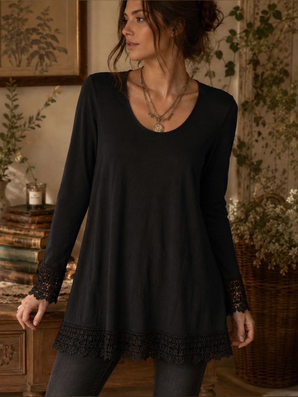 Max Studio Chic Black Lace Trim Tunic Top Boho Crochet Bell Sleeve Whimsigoth M